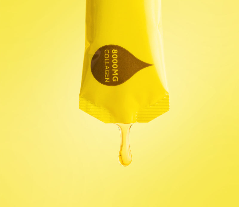 Image of Absolute Collagen's liquid supplement sachet with liquid collagen droplet