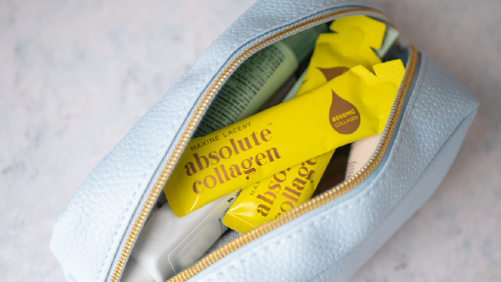 Header image of Absolute Collagen yellow sachets in washbag