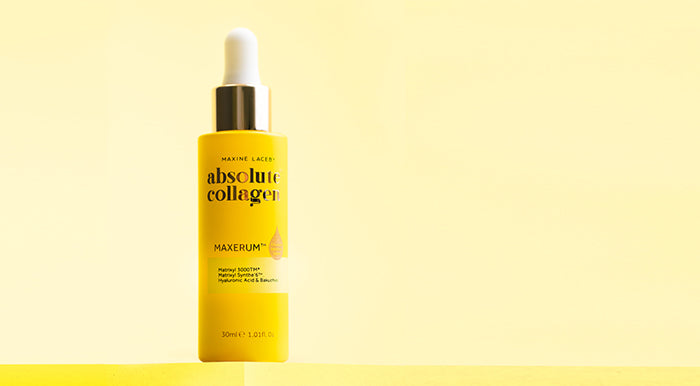 Absolute Collagen serum bottle on a yellow background
