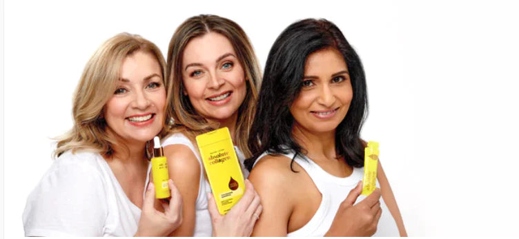 Image of three happy absoluters holding our collagen boosting serum, collagen complex haircare and collagen supplement